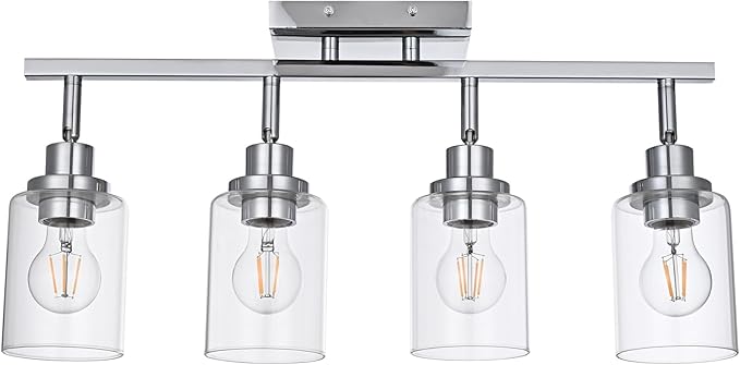 4-Light Track Lighting Kit Ceiling Kitchen Track Lighting Fixtures Chrome Bathroom Vanity Wall Lights with Clear Glass Multi-Directional Rotating Tracking Light Heads Spotlight for Accent Shop