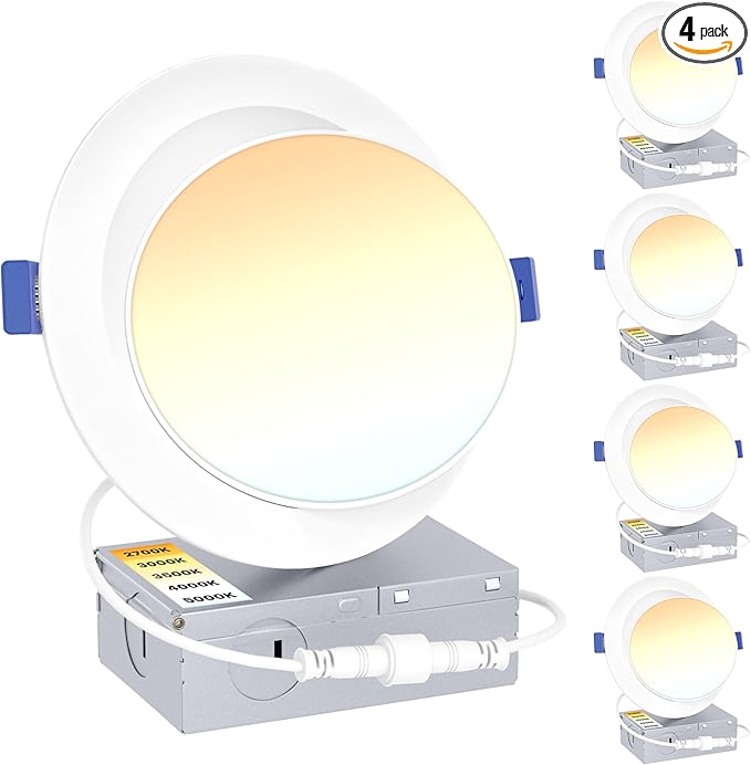 Ensenior 4 Pack 6 inch Gimbal Led Recessed Lighting, 90° Rotatable and 5CCT Selectable, Dimmable Eyeball Recessed Lights, Angled Adjustable Ceiling Downlight, 1200LM, 12W=115W-ETL&FCC Certified
