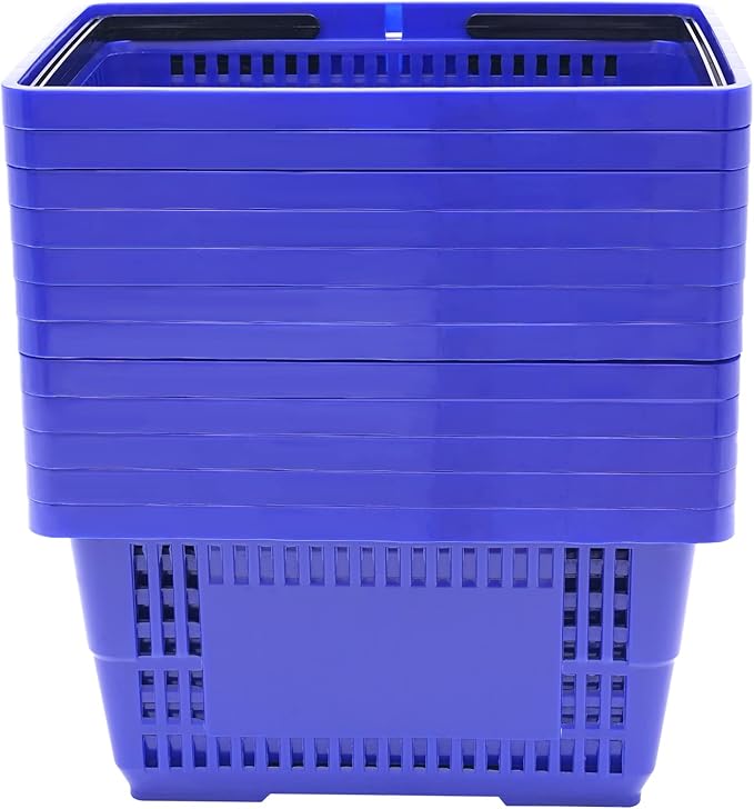 12PCS Shopping Baskets with Handles, 21L Plastic Grocery Basket for Retail Store, Supermarket, Grocery Shopping |17" x 12" x 9" Portable Shop Basket (Blue)