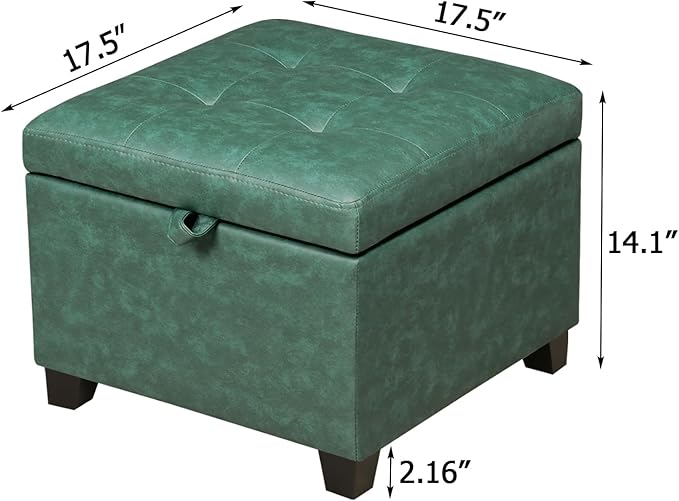 Asense 17 Inch Storage Ottoman Foot Rest,Square Faux Leather Foot Stool,Small Ottoman with Storage,Padded Seat for Entryway,Living Room,Bedroom,Couch,Under Desk,Green