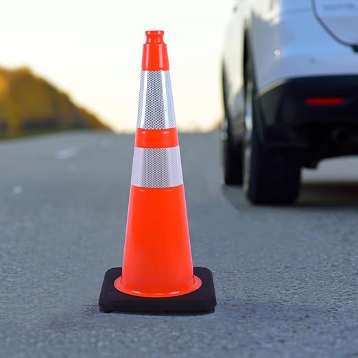 4 Pack 28 Inch Orange PVC Traffic Cones Black Base Stable Flexible, Road Safety Construction Zone Crowd Control Parking Safety Markers (4, Orange, 28 Inch)