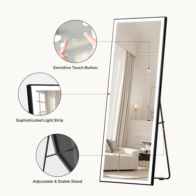 Kosmonia 64x21 Full Length Mirror, Dimmable 3 Color LED Light w/Light Memory, Distortion Free Silver Coating Mirror, HD Reflection &Anti Desilvering,Tempered Glass &Shatter Proof Film Doubles Safety