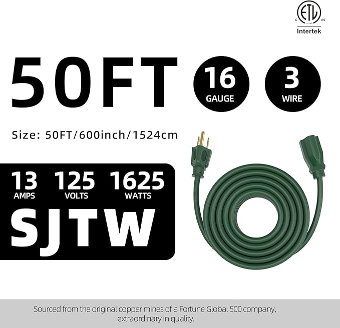 50FT 16/3 Gauge Green Outdoor Extension Cord Waterproof Heavy Duty, 3 Prong Cold Weatherproof -40℉ Flexible Power Cord, 13A 1625W SJTW ETL Listed for Lawn Mower, Christmas Lights, Tools