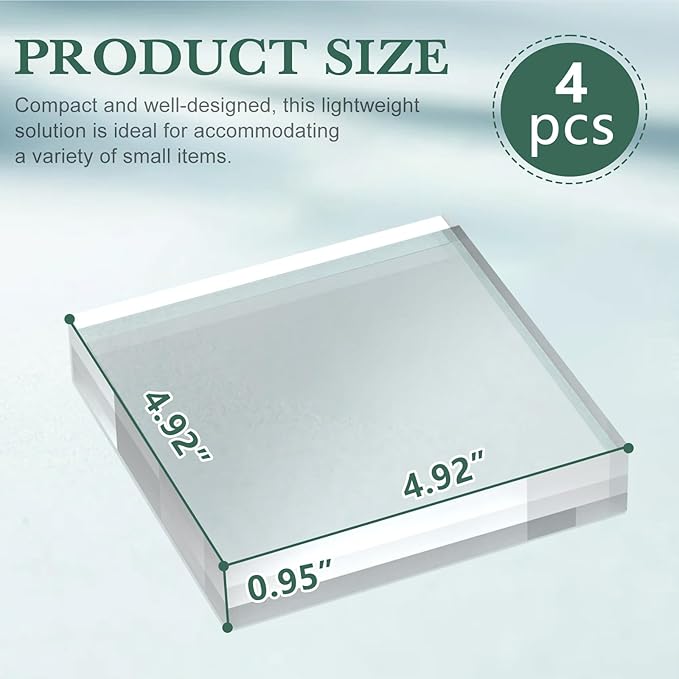 Acrylic Base Stand 4 Pack 5 X 5 X 1 Inch Acrylic Blocks for Display Trophy Base Clear Square Cube Riser Display Cylinder Pedestal Stands for Collectibles Jewelry Props Food Display