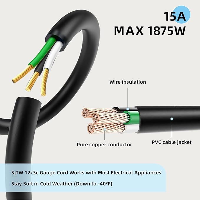 EP 40 Ft Outdoor Extension Cord - 12/3 SJTW Heavy Duty Black Extension Cable with 3 Prong Grounded Plug - Power Cord for Lawn, Garden, Appliances