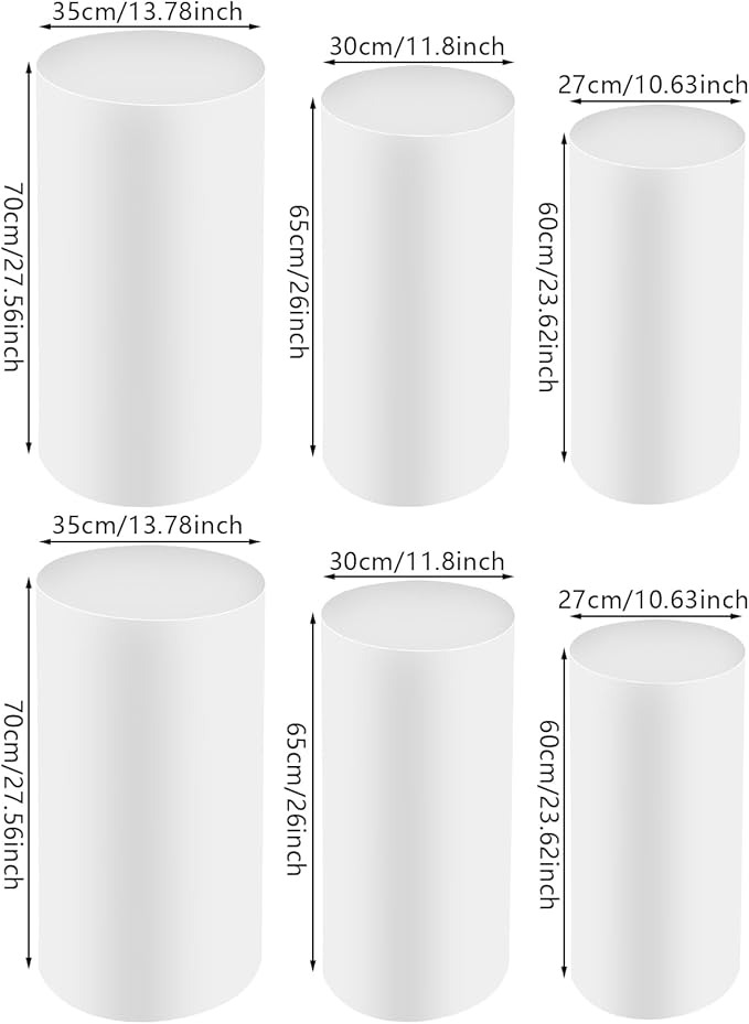 OUKANING 6 PCS Metal Display Pedestal Stands, White Cylinder Display Stands Pillars, Decoration Cube Sculpture Display Column for Wedding Party Baby Shower Birthday, H27.56'', 26'', 23.62''