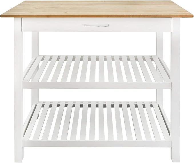 Island Oasis Solid Wood Kitchen Island with Drawer, Stainless Steel Towel Bar and Open Storage Multi-Purpose Prep Table for Home Kitchens Natural and White