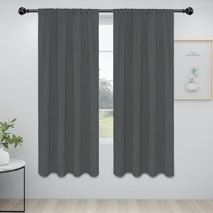 Easy-Going Rod Pocket Blackout Curtains for Bedroom, Room Darkening Window Curtains for Living Room, Thermal Insulated Noise Reduction Solid Window Drapes, 2 Panels(34x72 in, Grey)