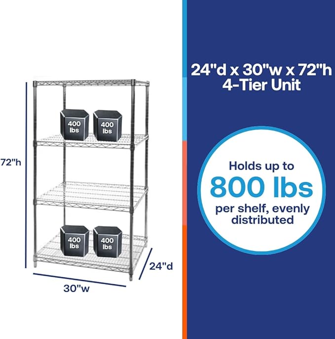 Shelving Inc. 24"d x 30"w x 72"h Chrome Wire Shelving with 4 Tier Shelves, Weight Capacity 800lbs Per Shelf