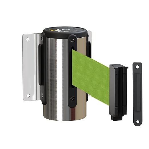 Montour Line WM115 Wall Mounted Retractable Belt Barrier with Standard Belt End, Fixed Mount, Polished Stainless Steel Casing (8.5 ft Olive Belt)