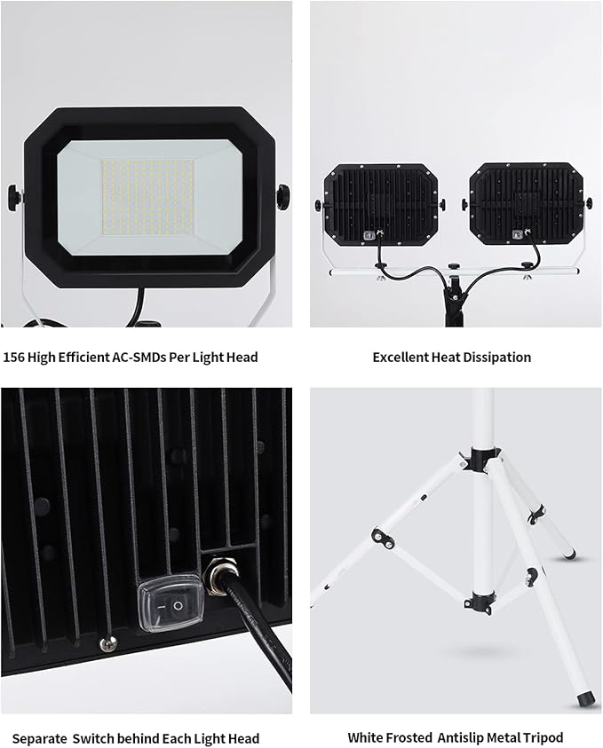UFOND 20000 Lumen Work Lights with Stand, 200W Dual Head LED Work Light, Waterproof Lamp with Individual Switch, Adjustable Metal Telescoping Tripod 10Ft Power Cord