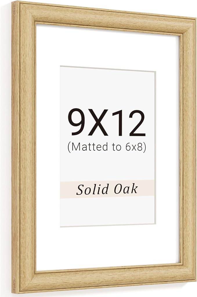 Natural Oak 9x12 Picture Frames Mat to 6x8 Picture Display,Original Wood Handcrafted Photo Frame,Wooden Frame 9x12 with Tempered Glass Graduation Family Wedding Pictures Tabletop & Wall Decor