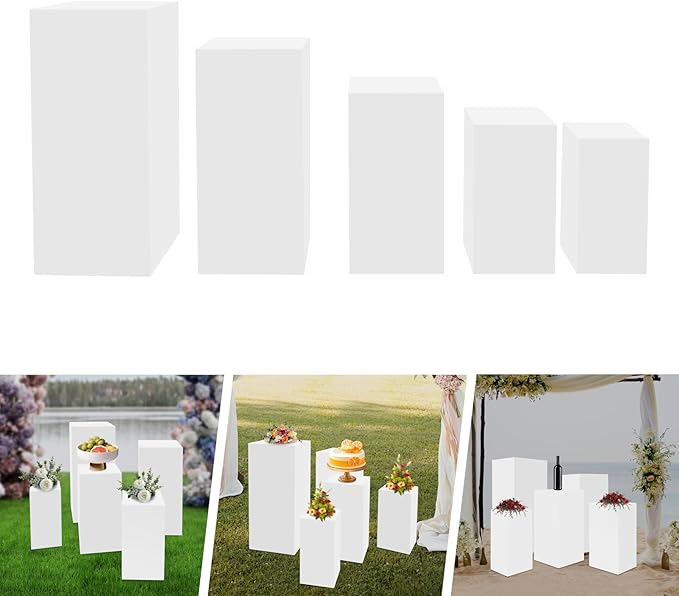 5Pcs Metal Square White Pedestal Stands, 5 Pack Flower Display Rack Dessert Table Cube Party Decoration Pillars for Wedding Ceremony Birthday Art Show 18''+20''+24''+30''+35''