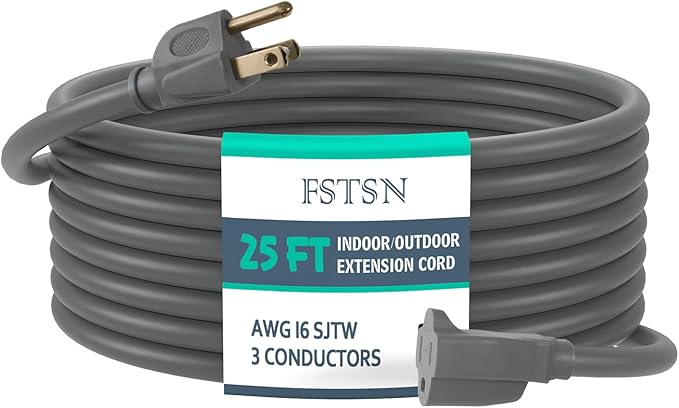 25 Ft Heavy Duty Indoor Outdoor Extension Cord - 16/3 SJTW Waterproof Power Cable with 3 Prong Grounded Plug, Grey - Durable, Weather Resistant, for Home, Garden, and Worksite Use
