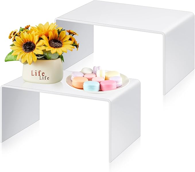 2 Pcs 13 Inch Large Acrylic Risers Display Stands 5 mm Thick Acrylic Shelf Riser Showcase for Collectibles Jewelry Cupcakes Food Figures Perfume Cabinet (White)