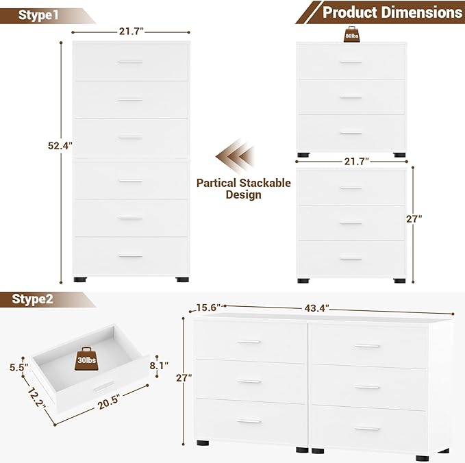 Aheaplus Closet Drawers Set of 2, Wood Closet Organizers and Storage with 3 Drawers, Closet Drawers Organizer System, Nightstands Bedside End Table with 3 Drawers Storage for Bedroom, White