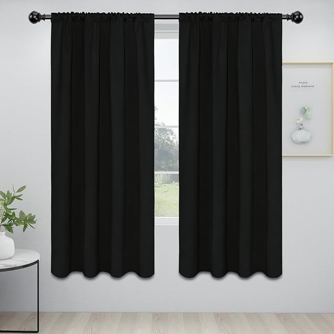 Easy-Going Rod Pocket Blackout Curtains for Bedroom, Room Darkening Window Curtains for Living Room, Thermal Insulated Noise Reduction Solid Window Drapes, 2 Panels(42x72 in, Black)