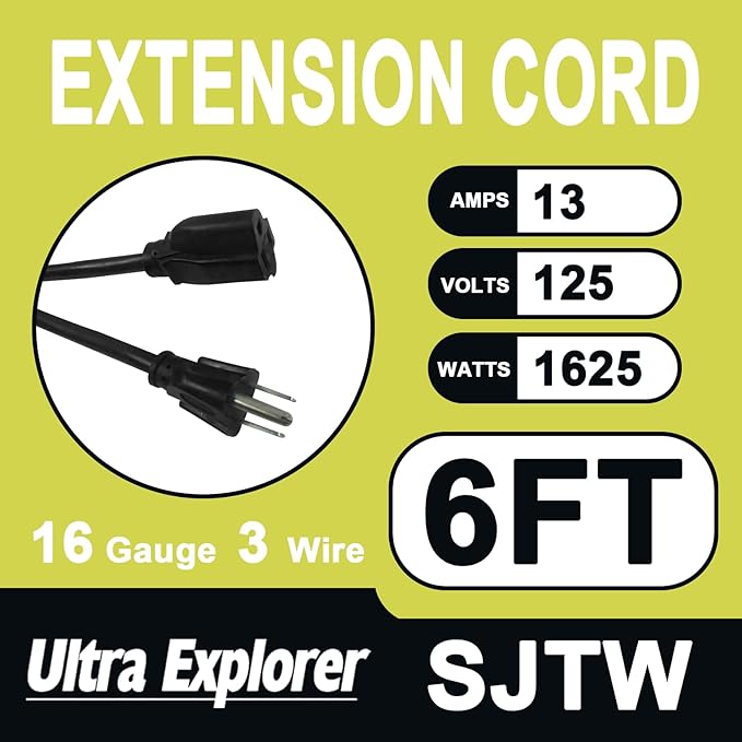 6 Ft Indoor Outdoor Black Extension Cord, 16/3 SJTW Heavy Duty Water-Resistant, 3 Prong Grounded Plug Power Cord for Home Appliance, Lights and Lawn, 13A 1625W, UL Listed