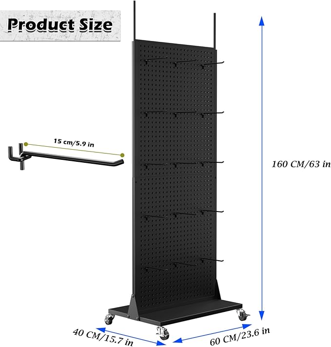 Metal Pegboard Panels - Double Sided Peg Board Shelving with 30 Hooks,63x23x15 in,Portable Peg Board Organizer for DIY, Kitchen Decoration,Mobile Phone Shop/Black