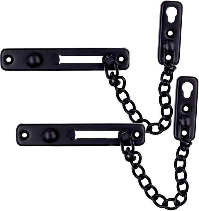 2 Pack Door Chain Lock, KINJOEK Stainless Steel Security Chain Guard with Spring Anti Theft Press Lock, Heavy Duty Polished Door Latch with Screws, Black