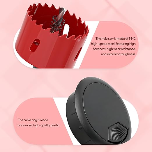 8Pcs 2-3/8" (60 mm) Black Desk Grommet, Plastic Grommet with Hole Saw, Desk Wire Grommet with Hook and Loop Tape