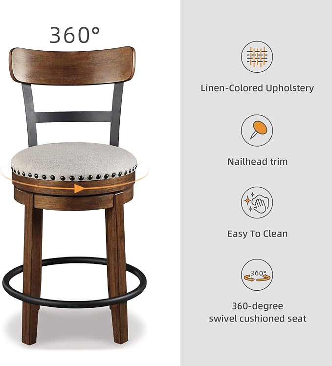 Signature Design by Ashley Valebeck Rustic Farmhouse Swivel Bar Stool – 24.5″ Counter Height, 360° Swivel Metal & Wood Frame, Polyester Upholstery – Brown