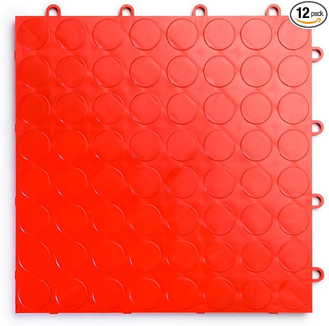 Big Floors RaceDeck CircleTrac, Interlocking Non-Slip Garage Flooring Tile, Durable, Modular, Heavy-Duty Copolymer, Easy Install (Red, 12 Pack of 12 x 12" Tiles)