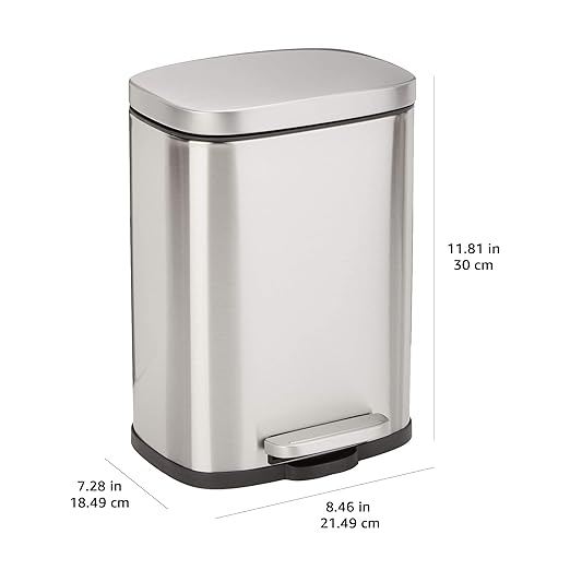 Amazon Basics Smudge Resistant Mini Rectangular Trash Can With Soft-Close Foot Pedal, Brushed Stainless Steel, for Bathroom & small space, 5L/1.32 Gal, 7.3x8.5x11.8 in, Satin Nickel Finish