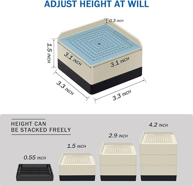 Bed Lifts Risers 1.5 inch, Square Adjustable Risers Blocks for Bed Sofa Table and Couch Lifting，Heavy Duty Support Up to 1,300 Lbs (4 Pack-Apricot)
