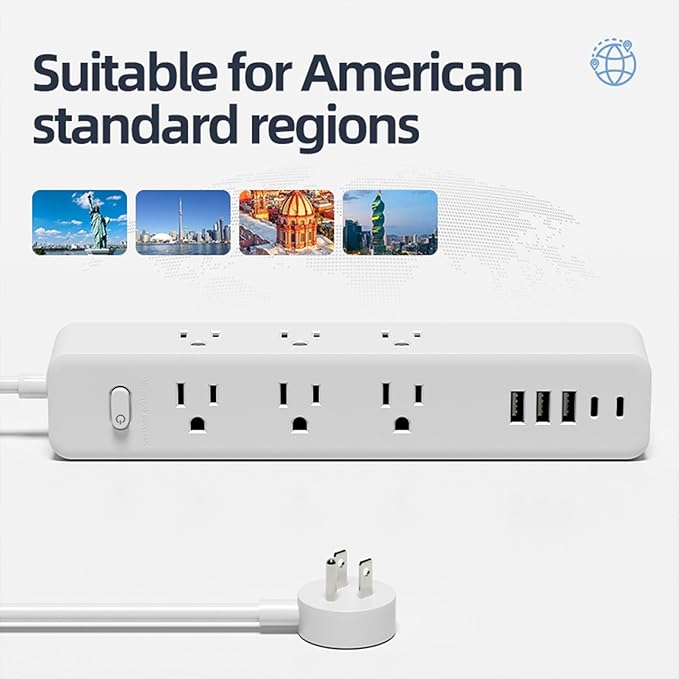 Surge Protector Power Strip, 9 Widely Spaced Outlets, 3 USB A & 2 USB C Ports, 5ft Flat Plug Long Extension Cord for Travel Home Office Entertainment, White