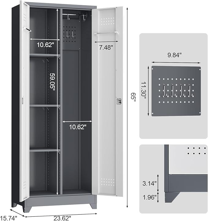 LUCYPAL Metal Garage Storage Cabinet,Broom Closet Storage Cabinet with Locking Doors and Shelves,Cleaning Tool Cabinets with Hanging Rods for Kitchen,Garage,White&Grey 65" H