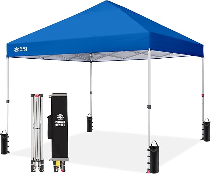 CROWN SHADES 8x8 Pop Up Canopy - Beach Tent with One Push Setup - Easy Outdoor Sun Shade for Events, Parties, Camping - Gazebo with STO-N-Go Cover Bag, Silver Coated Top, Blue
