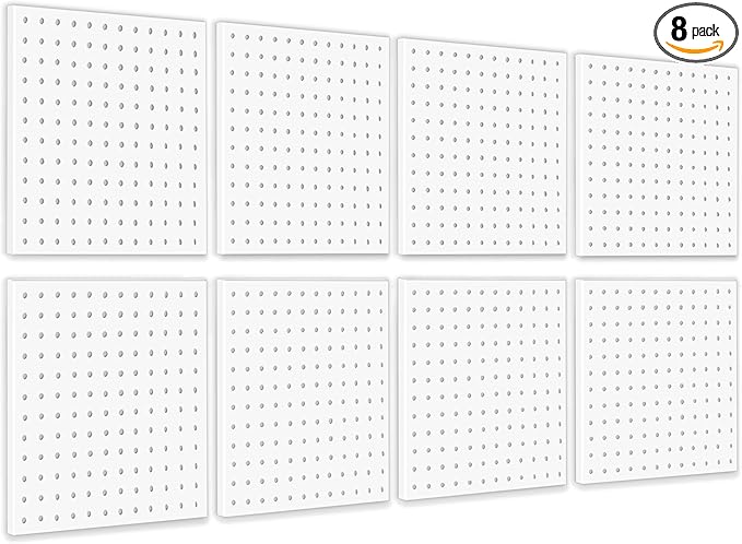 8Pcs Pegboard, Peg Board, Metal Pegboard Wall Organizer Panels Accessories, Mount Display Pegboard Kits for Walls Garage Craft Room Office Workshop, Easy Installation (White)