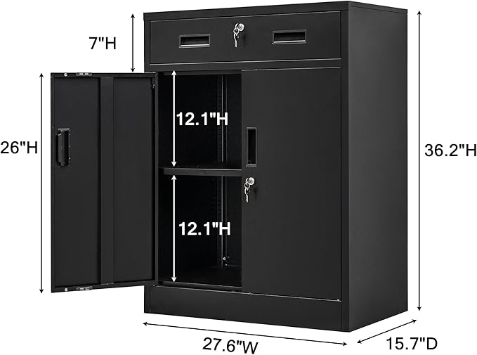 Metal Storage Cabinet, Locking Cabinet with One Drawer and Adjustable Shelf, 36" H x 28" W x 16" D Steel Storage Cabinet for Office, Garage, Home-Black