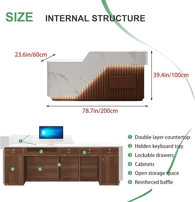 Modern Reception Desk with Counter Front Reception Table with Hidden LED Lighting Commercial Receptionist Desk White and Brown Checkout Counter Fully Assembled and Ready to Use 79inch