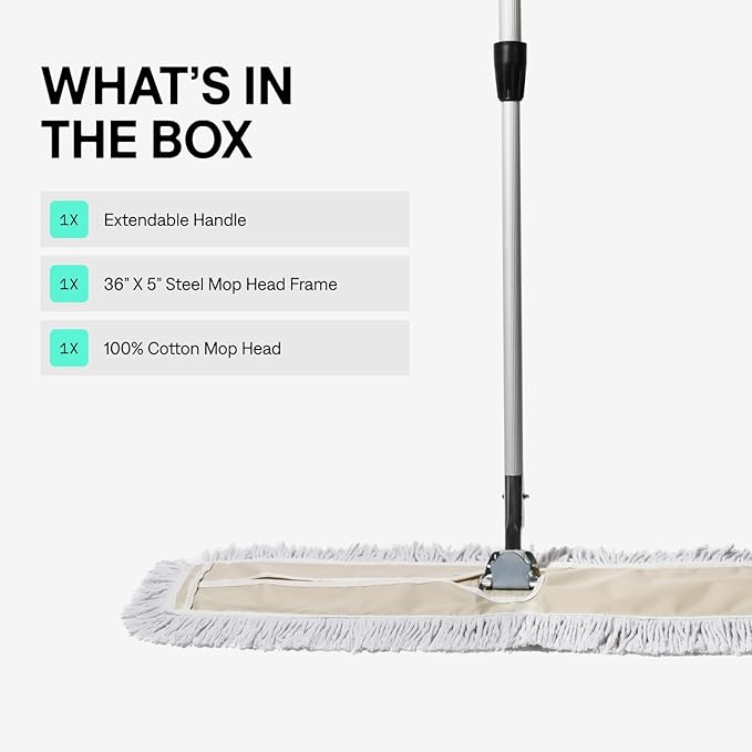 Commercial Dust Mop – 36 Inch Floor Sweeper for Hardwood, Reusable Cotton Mop Head, Extendable Handle, Dry Mop for Floor Cleaning & Janitorial Supplies
