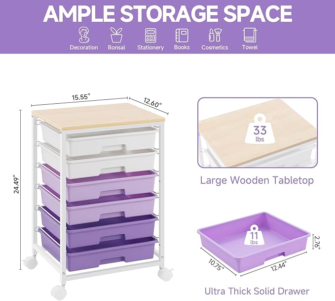Rolling Cart with Drawers,Utility Cart with 6 Drawers,Rolling Storage Cart with Drawers and Wooden Tabletop & Lockable Wheel,Purple