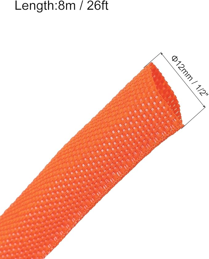 MECCANIXITY Braided Cable Sleeves Heat Shrinkable Fabric Sleeving, 1/2" 26ft Orange 2:1 Ratio Heat Shrinkable Cord Protector for Harness Cable, Network Cable Protection, Cable Management