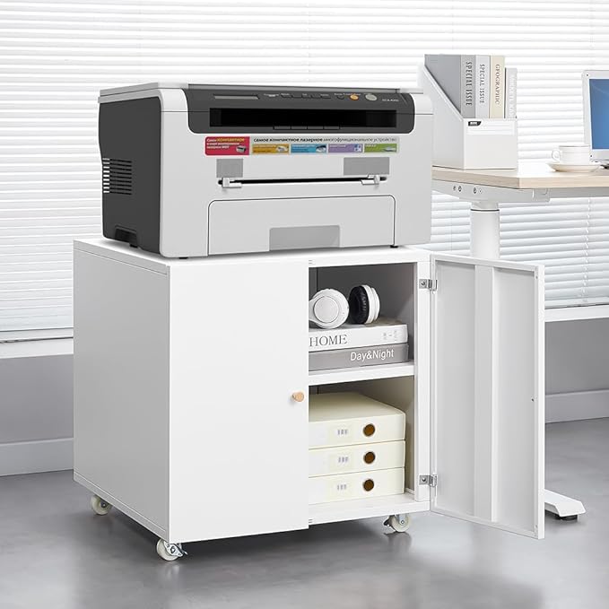 Print Mobile Printer Stand, Rolling Filing Cabinet, Lateral Office Filing Cabinet fits A4 or Letter Size for Home Office (White, H23.62)