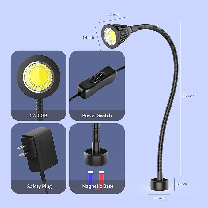 Led Magnetic Work Light 400mm FlexibleGooseneck lamp 500 Lumens 120 Volt forSewing Machine Lathe Milling Drill PressIndustrial Lighting (5W Magnetic Base)