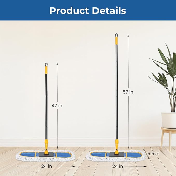 24" Dust for Floor Cleaning, Large Areas Floor Duster with 2 Cotton Reusable Pads, Wet Dry Mop for Hardwood Floors, Marble, Laminate, Tile, Concrete, Garage
