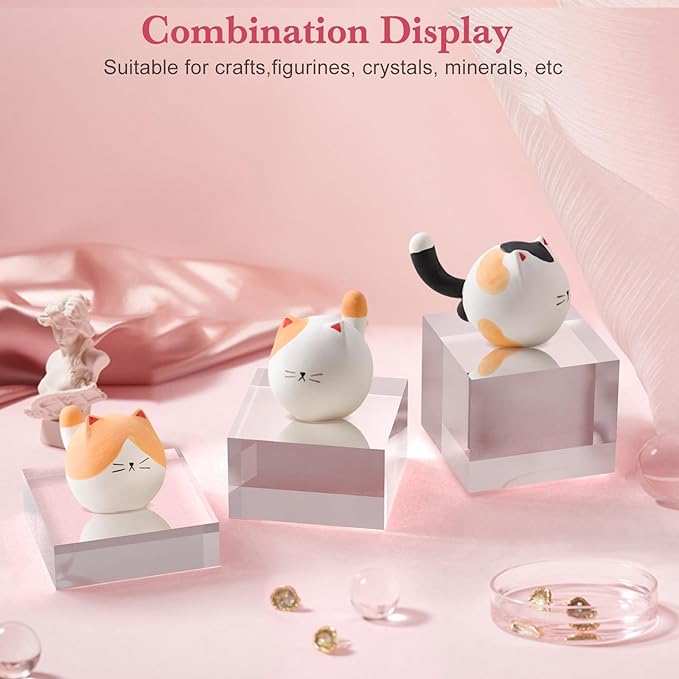 Acrylic Base Stand 6 Pack 3 X 3 Inch Acrylic Blocks for Display Trophy Base Clear Square Cube Riser Display Cylinder Pedestal Stands for Collectibles Jewelry Props Food Display 3 Size