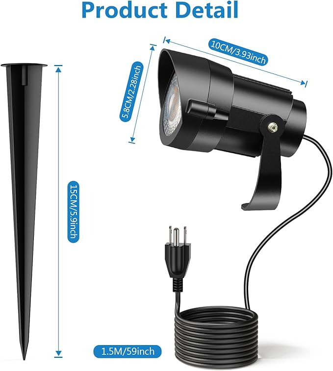HIBOITEC 12W Spot Lights Outdoor 120V Landscape Lighting Waterproof Spotlight with 4.9ft 3-Plug LED Plug in Landscape Lights for Yard Gardern Decorations 2900K 1Pack