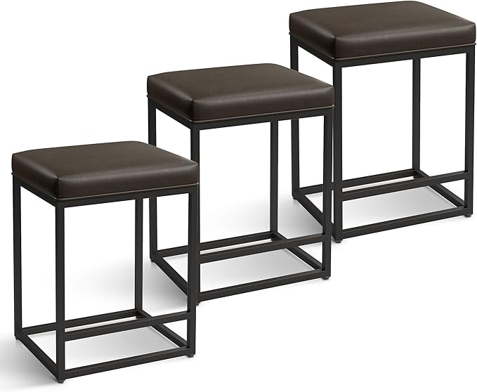 MAISON ARTS Counter Height 24" Bar Stools Set of 3 for Kitchen Counter Backless Modern Barstools Industrial Upholstered Faux Leather Stools Farmhouse Island Chairs, (24 Inch, Grey)