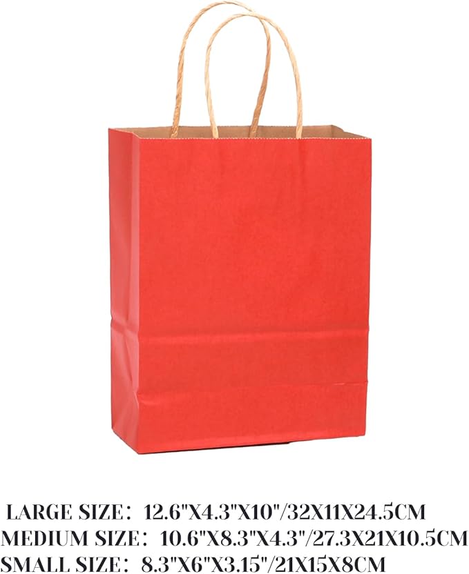 qiqee 100PCS Gift Bag with Handles Bulk Kraft Red Paper Bags Assorted Sizes(33pcs Large 13",33pcs Medium 11",34pcs Small 8")