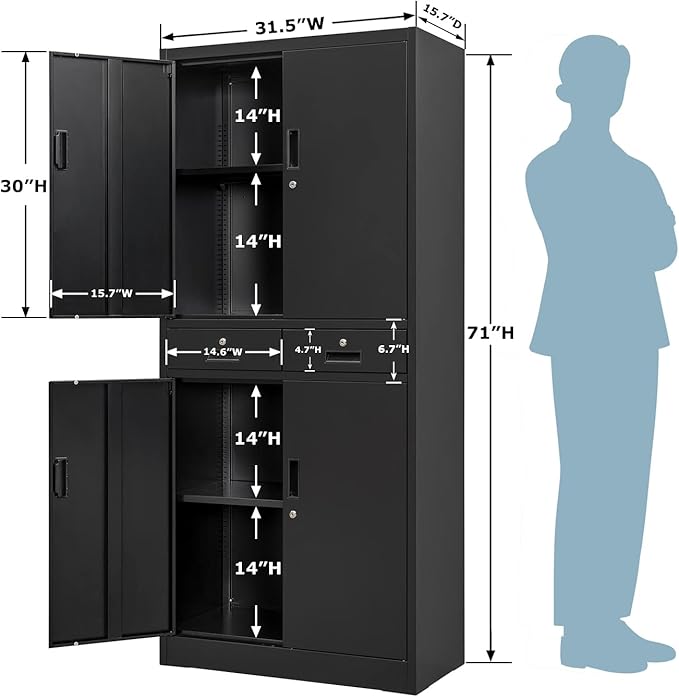 Metal Storage Cabinet, 71 Inch Tall Metal Storage Cabinet with Doors and Shelves, Pantry Cabinets with Drawer for Kitchen Storage, Garage Cabinet for Living, Dining Room, Assemble Required.