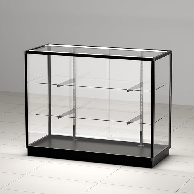 48”D * 20”W * 38”H - Freestanding Retail LED Full Vision Glass Display Case, Black Aluminum Frame, Two Adjustable Height Tempered Glass Shelves