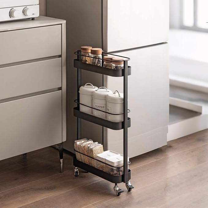 Rolling Storage Cart, 3 Tier Bathroom Organizer Mobile Shelving Unit, Metal Utility Cart Tower Rack for Kitchen Laundry Narrow Places(Fully Assembled Furniture, Black)