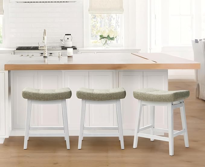 Counter Height Bar Stools Set of 2 for Kitchen Counter Farmhouse Modern Barstools with Faux Leather Upholstered Backless Seat and Solid Wood Legs 24 inch Bar Chairs, Light Grey + White