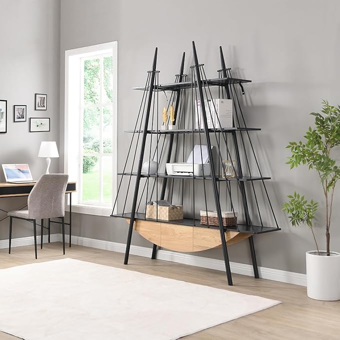 Boat-Shaped Bookshelf, 4 Tier Ladder Bookcase with Drawer 84.3" Tall Bookshelves for Storage Display Decor Easy Assembly Bookcase Furniture for Bedroom, Living Room and Home Office